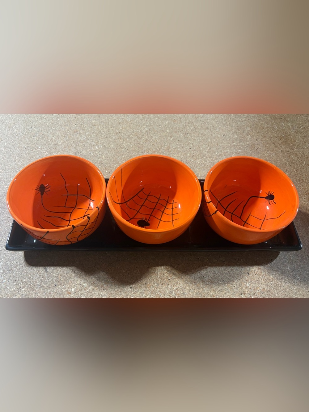 Halloween Spider Web Serving Bowl Set 3 Orange Ceramic Bowls with Black Tray